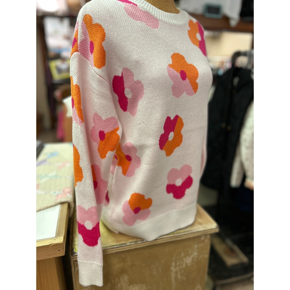 Unbranded Retro Floral Knit Crewneck Sweater Pink Orange White Flower Size S - Picture 2 of 4